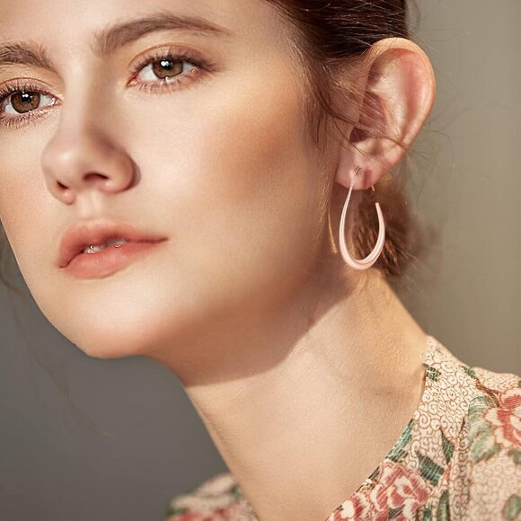 Rose gold Polished Lightweight Teardrop Large Oval Pull Hoop Earrings for Women - Picture 4 of 6